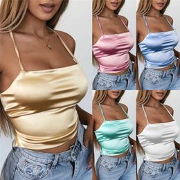 Women's Tanks Summer Camis Women Sexy Silk Satin Back Cross Vest Tops Female Short Style Backless Tank Girls Brief Fashion Top 2023