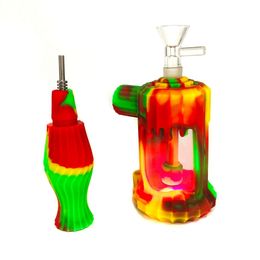 New 2IN1 Colourful Silicone Bubbler Bong Pipes Kit Oil Rigs Nails Tip Straw Philtre Handpipes Portable Glass Herb Tobacco Handle Bowl Waterpipe Hookah Smoking Holder