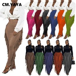 Skirts CM.YAYA Women Stripe High Waist Tassel Side Sexy Bodycon Midi Maxi Skirts Elegant Basic Female Pencil Long Skirt 230703