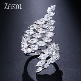 ZAKOL Fashion White Gold Colour Zirconia Leaf Open Rings for Girl Trendy Crystal Wing Finger Adjust Ring Party Women Jewellery