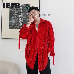 Men's Casual Shirts IEFB /men's wear Single-product velvet sequins fashionable lace-up large size black red shirts for male Autumn tops 9Y4068 230706