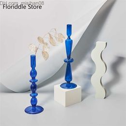 Candle Holders Blue Glass Candle Holder Candlesticks for Wedding Birthday Holiday Home Decoration Morden Decorative Z230704