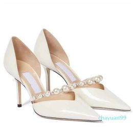 Designer -Women fashion dress shoes pumps luxury shoes high heel sandals Latte Patent Leather Pointed and Pearl wedding party