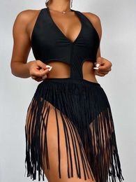 Women's Swimwear Swimwear Women One Piece Swimsuit 2023 Solid Black Bodysuit Fringed Monokini Sexy Halter Backless Bathing Suit Female Beach Wear J230704