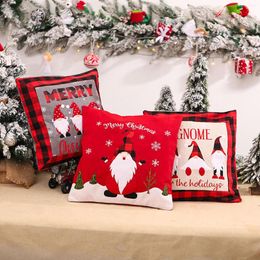 Pillow Christmas Case Linen Red Black Plaid Faceless Santa Claus Print Square Pillowcase For Living Room Bedroom Festival Gift