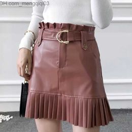 Skirts Autumn Women Fashion Burgundy ZA PU Mini Skirt Female Chic High Waist With Belt Pleated s Streetwear Leather 210421 Z230704