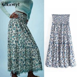 Skirts Klkxmyt Za Skirts Women Vintage Floral Print Pleated Ruffled A-Line Skirt Faldas Mujer Female Elastic Waist Summer Vestidos 210527 Z230704