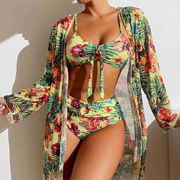 Women's Swimwear Plus Size Swimwear High Waist 3 Piece Bikinis Sets Summer Swimsuit Woman 2023 Cover Up Swimsuit Long Sleeve Push Up Swimwear J230704