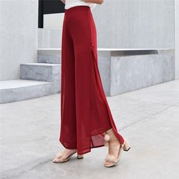 Women's Leggings Woman Quality Chiffon High Waist Slits Pants Ladies Thin Wide Leg Trousers For Femme Women Casual Loose