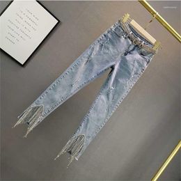 Women's Jeans 2023 Summer Clothes Women Korean Version Elastic High Waist And Slim Diamond Fringed Female Fashion Nine-point Pants