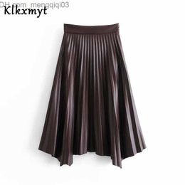 Skirts Klkxmyt Faux Leather Pleated Za Skirt Women A-line High Waist Asymmetric Hem Midi Fashion Street Ladies s Z230705