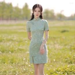 Ethnic Clothing Green Print Short Cheongsam Improved Vintage Dress Slim-fit Women Costumes Elegant Qipao Front Split S To XXL