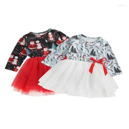 Girl Dresses Toddler Baby's Clothes Infant Christmas Tulle Dress Girls Cartoon Print Long Sleeve Round Neck With Bow Children's Clothing Set