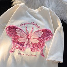 Women's T-Shirt Pure cotton milk system butterfly embroidery couples short sleeved T-shirt female summer ins versatile college wind on clothes 230703