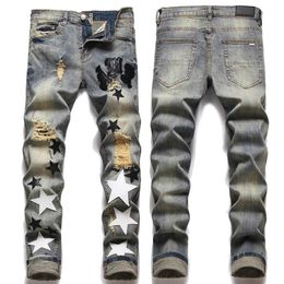 Size 38 Men's Vintage Rip Jeans Patch Skinny Fit Appliqued Paint Splattered Art Distressed Jeans2628