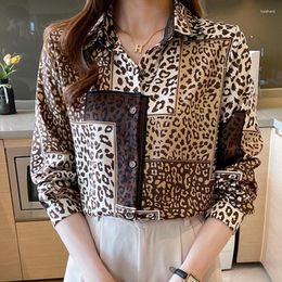 Women's Blouses 2023 Spring Autumn Leopard Womens Tops And Turn Down Collar Long Sleeve Blouse Woman Clothing Chiffon Blusas Mujer