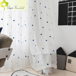 Gauges Blue Stars Embroidery Tulle Curtains for Living Room Window Treatments Sheer for Kitchen Bedroom Custom Curtain Fabric