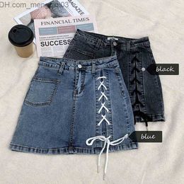 Skirts Qoerlin Vintage Denim Jeans Black Shorts Womens Sexy High Waist Lace Up Bodycon Split Tight Mini Skirt Plus Size 210412 Z230704