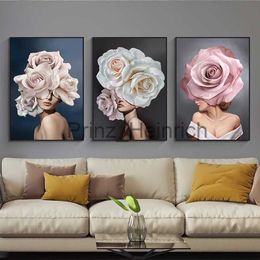 Wallpapers Pink White Flower Lady Poster Personality Fashion Abstract Woman Print Canvas Art Painting Wall Picture Modern Living Room Decor J230704