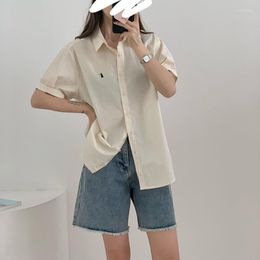 Women's Blouses 2023 Summer Short Sleeve Embroidery Casual Shirt Women Turn Down Collar Pure Loose Cotton Basic Blouse Tops Beige