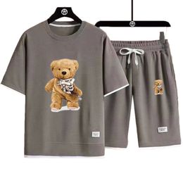 2023 Summer Brand Fashion Men's Waffle Casual Teddy Bear T-shirt And Shorts Set Basketball Sports Fitness Breathable Quick Dry 2 Piece Set