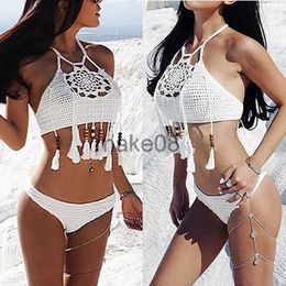 Women's Swimwear 2020 Sexy Bikini Swimwear Women Swimsuit Brazilian Bikini Set Crochet Halter Beaded Tassel Top Sexy Hollow Out Swimwear SL J230704