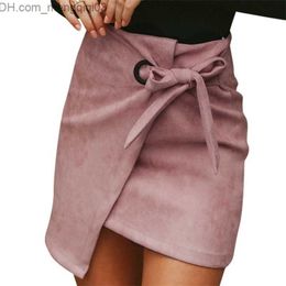 Skirts Asymmetrical sash knotted suede skirt women High waist sexy split winter skirt Autumn casual leather skirt female Z230706