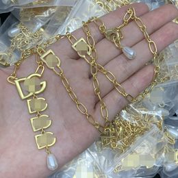 Gold Sweater Chain Necklaces D Letter Pearl multicolour Crystal Diamonds Pendants Women's Copper Ladies Girls Wedding Bride Gift Designer Jewellery HDS4--06