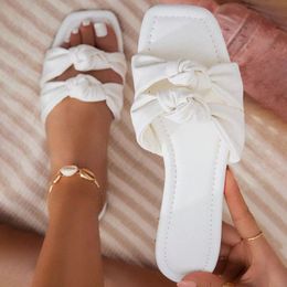 Slippers Women's Slippers Summer Bow Square Toe Shoes Twist Strap Ladies Flat Sandals Outdoor Beach Casual Comfy Female Slides 230703