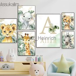 Wallpapers Custom Name Wall Posters Elephant Giraffe Art Painting Jungle Animals Art Prints Nursery Canvas Pictures Boys Room Wall Decor J230704