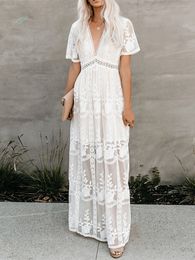 Urban Sexy Dresses Jastie Summer Boho Women Maxi Dress Loose Embroidery White Lace long Tunic Beach Dress Vacation Holiday Women Clothing 230703