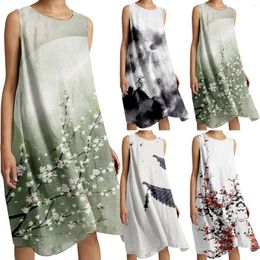 Casual Dresses Women'S Loose Stretch Linen Comfortable Beach Dress Deep Printed Long Womens Shirt With Pockets