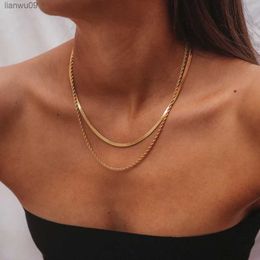 Uworld Simple Jewellery 18K Gold Plated Flat Snake Chain Layer Necklace Stainless Steel Snake Rope Chain Necklace Gift L230704