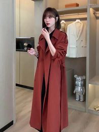 Women's Trench Coats Women's Spring And Autumn Formal Fashion Style Coat Red 2X-Long Belt Single Breasted Loose Windbreaker