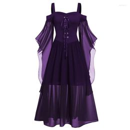 Casual Dresses 2023 Women Fashion Gothic Style Off-Shoulder Halloween Dress Transparent Mesh Lace Up Chiffon Patchwork Cosplay Costume