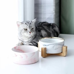 Frame Marble Ceramic Dog Bowl Cat Food and Water Bowls Dish with Wood Stand Heavy Weight Pet Feeder for Big Flat Faced Cats Puppy Dogs