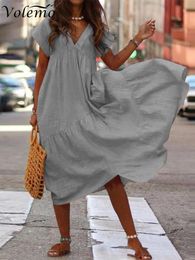 Skirt Summer Womens Sundress Fashion V Neck Midi Vestidos Female Solid Ruffle Dresses Asymmetrical Robe Cotton Linen Maxi Dress