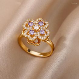 Cluster Rings Rotating Shiny Purple Zircon Four Clover Adjustable For Women Stainless Steel Wedding Ring Aesthetic Jewellery