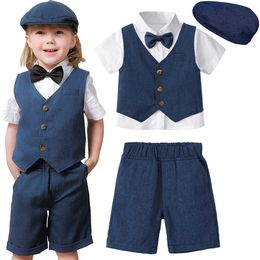 Suits Baby Boy Clothes With Hat Toddler Wedding Suit Set Infant Birthday Party Baptism Outfit Gentleman Formal Short Sleeved 4PCSHKD230704