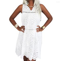 Casual Dresses Sleeveless Summer Tank Dress Women White Hollow Lace Sundress Solid Colour Crochet Mini Party Beach 2023