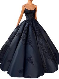 New Fashion Black Ball Gown Quinceanera Dresses Spaghetti Straps Appliques Satin Backless Saudi Arabic Prom Dresses Sweet 16 Dress