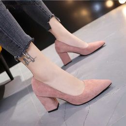 Dress Shoes Dress Shoes Women Pumps Flock Sweet Thick High Heels Female Sexy Office Pointed Toe Dress Work Pump Cute Shoes Ladies Footwear Z230706