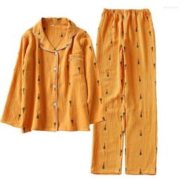 Women's Sleepwear Comfort 2PCS Cotton Women Pajamas Set Turn-down Collar Female Cute Cartoon Carrot Printed Homewear Long Pants