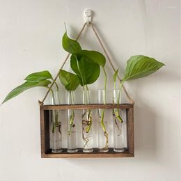 Vases Wall Hanging Glass Planter Plant Propagation Tubes With Wooden Stand Flower Vase Home Garden Office Hydroponic Decor