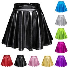 Skirts Womens Sexy Laser High Waist Mini PU Leather Skirt Club Party Dance Shiny Holographic Skirts Harajuku JK Metallic Pleated Skirt 230703