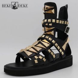 Sandals Mens Gladiator Hollow Platform Rivets Punk Genuine Leather Summer Ankle Boots Black Beach High Top Shoes 230703