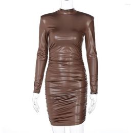 Casual Dresses Pu Leather Mini Dress Turtleneck Long Sleeve Hip Wrap Pleated Bodycon Autumn High Elastic Bandage Sexy Club Streetwear