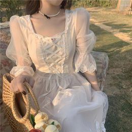 Casual Dresses 2023 Summer Vintage French Style White Lace Lolita Fairy Elegant For Women Square Collar Slim Midi Dress Vestidos