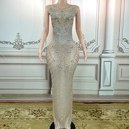 Stage Wear Sexy Sparkly Rhinestones Long Dress Prom Gown Evening Mesh See Through Crystals Birthday Party Celebriate Club Outfit