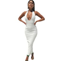 Fantoye Women Halter V-neck Cocktail Party Dresses Autumn Summer Knitted Sexy Slim Bodycon Bandage Long Maxi Dress Vestidos